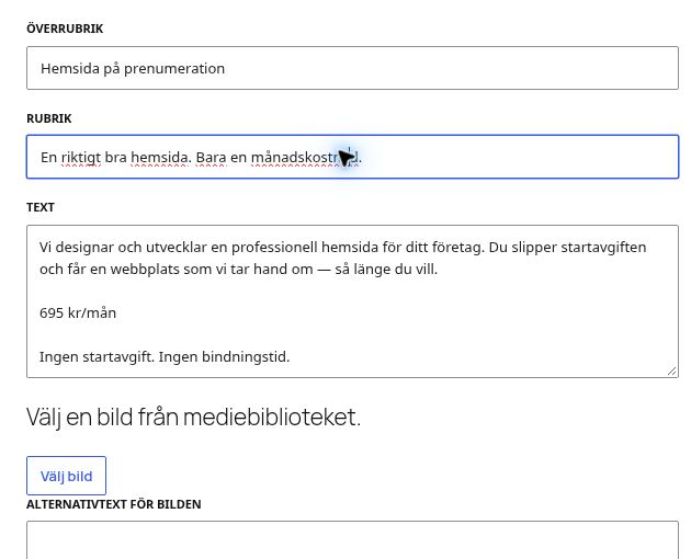 Verkliga WordPress-fält för rubrik, text, bildval och bildbeskrivning