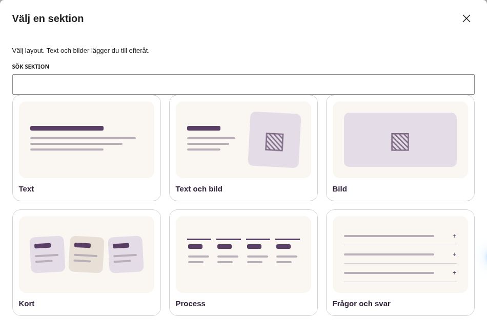 WordPress sektionsväljare med färdiga layouter för text, bilder, kort och vanliga frågor